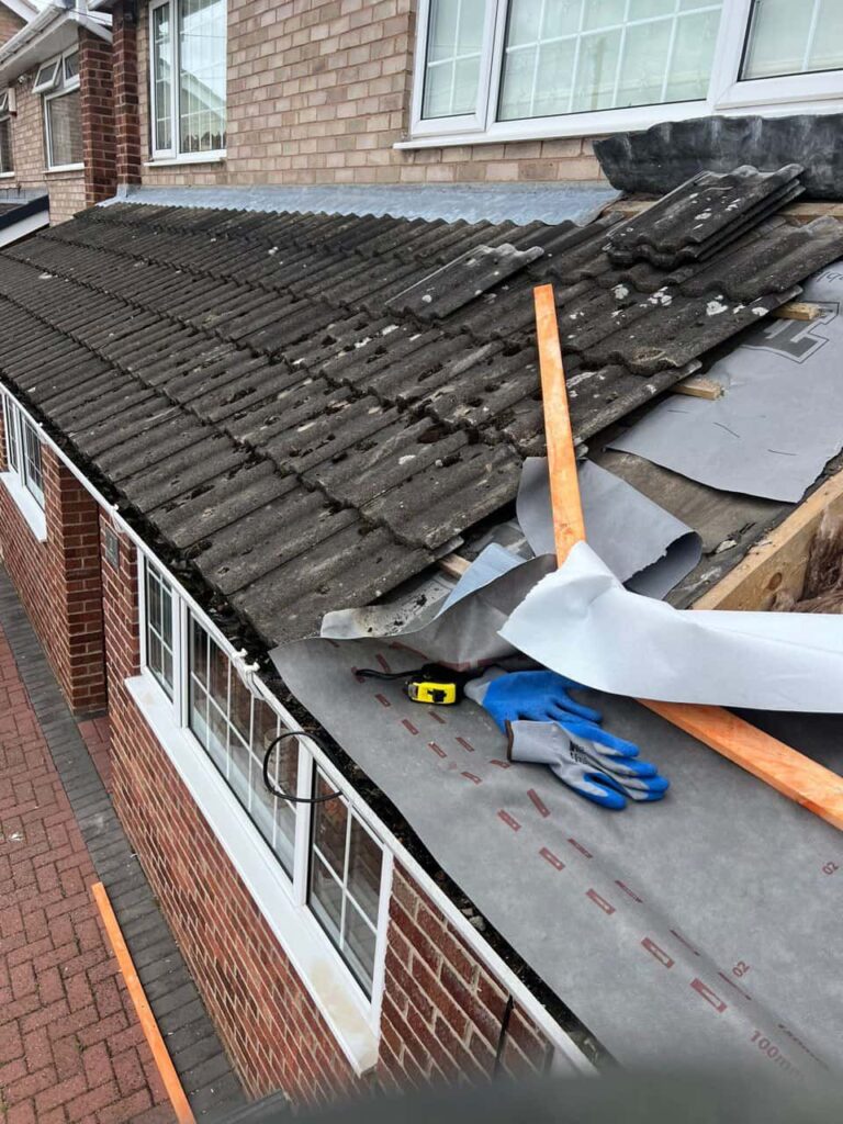 This is a photo of a pitched roof which is being repaired. The existing roof was leaking badly. Works carried out by Upper Stoke Roofing Repairs